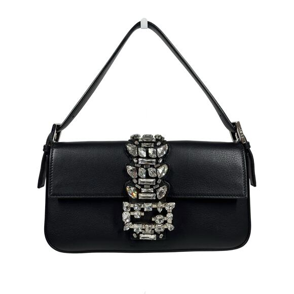Fendi Black Leather Crystal Rhinestone Embellished Baguette with Mirror - Picture 1 of 11